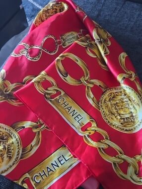 The NEW Boutique Red and Gold Chain Print Silk Scarf